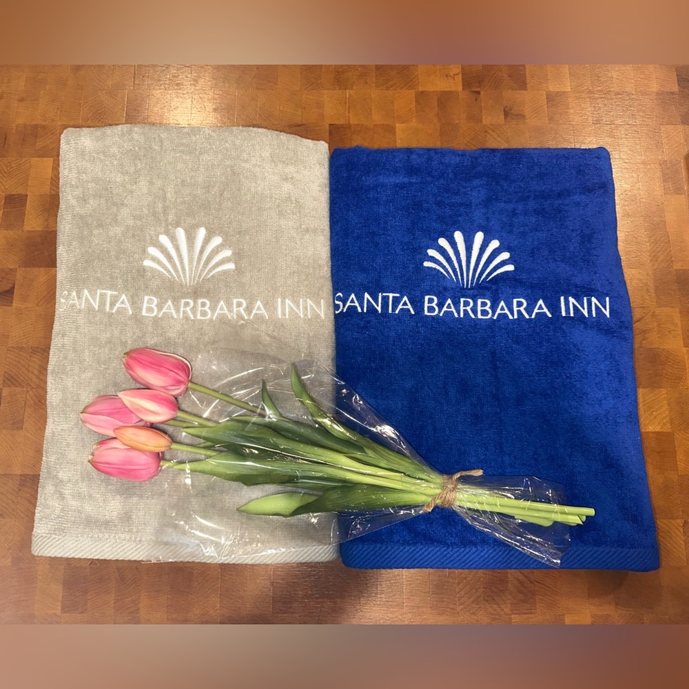 NWTs Santa Barbara Inn Embroidered Gray and Blue Beach Pool Towels